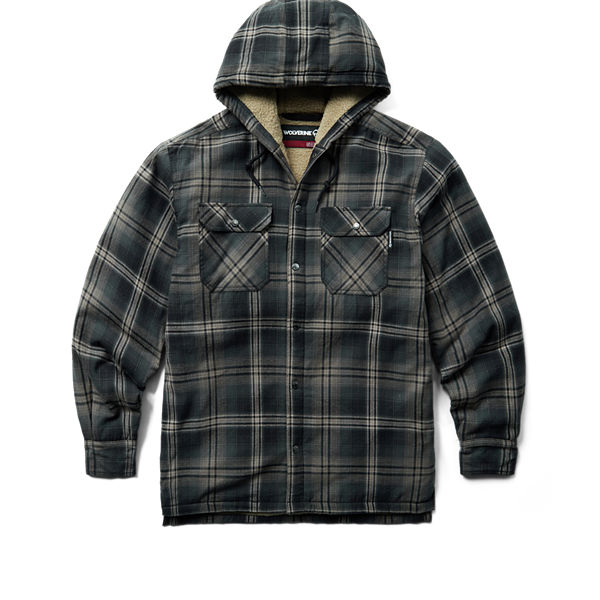 Hastings Sherpa Lined Hooded Shirt-Jac, Black Plaid, dynamic