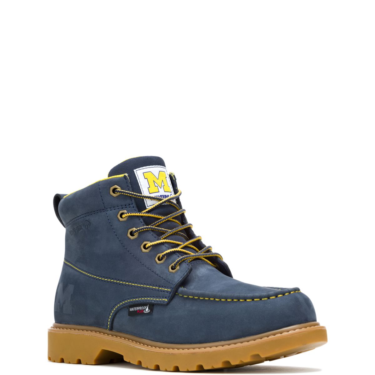 Wolverine x Valiant University of Michigan Floorhand Moc Toe Work Boot, Navy, dynamic 3