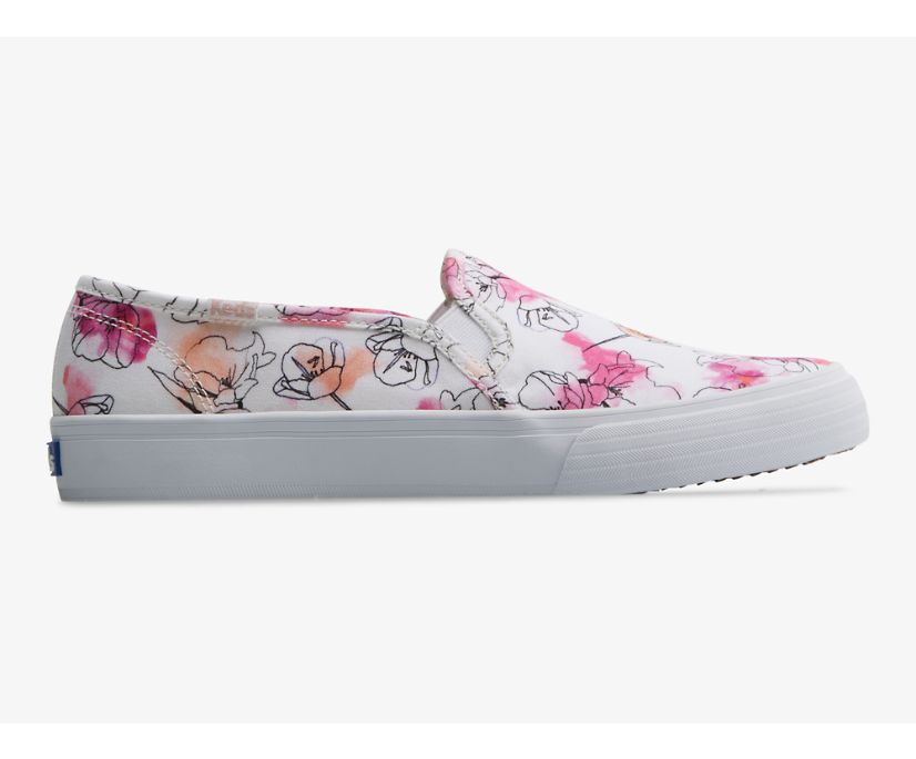 Double Decker Canvas Watercolor Floral Print Slip On Sneaker, White Pink, dynamic 1