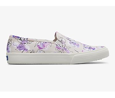Double Decker Canvas Watercolor Floral Print Slip On Sneaker, Grey Purple, dynamic