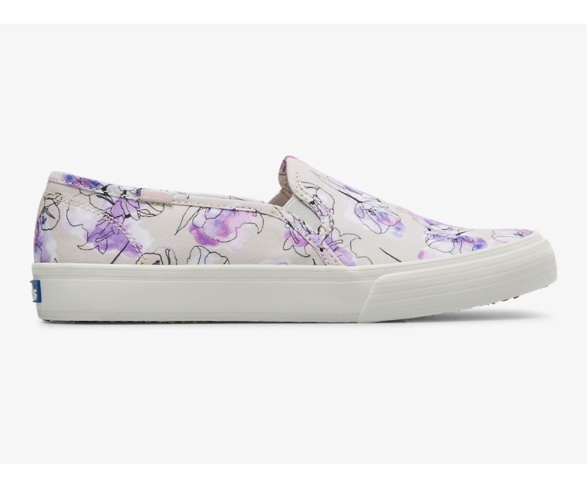 Double Decker Canvas Watercolor Floral Print Slip On Sneaker, Grey Purple, dynamic 1