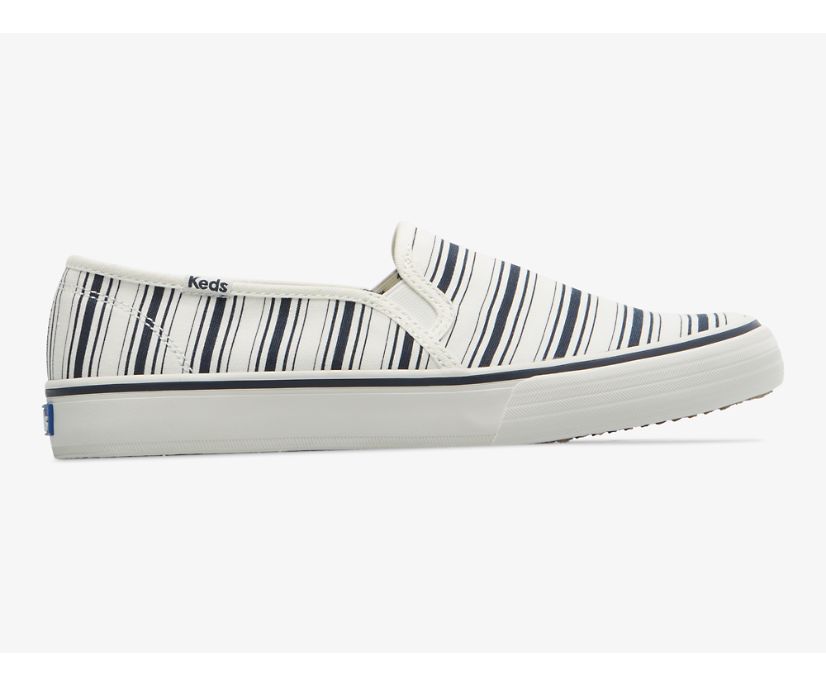 Double Decker Canvas Stripe Slip On Sneaker, White Navy, dynamic 1
