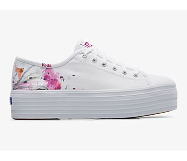 Triple Up Canvas Painterly Floral Sneaker, White Pink, dynamic
