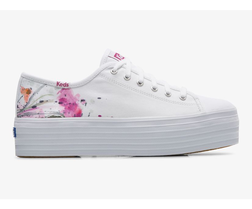 Triple Up Canvas Painterly Floral Sneaker, White Pink, dynamic 1