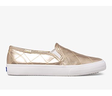 Double Decker Quilted Metallic Slip On Sneaker, Gold, dynamic