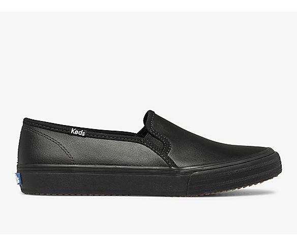 Double Decker Leather Slip On Sneaker, Black Black, dynamic