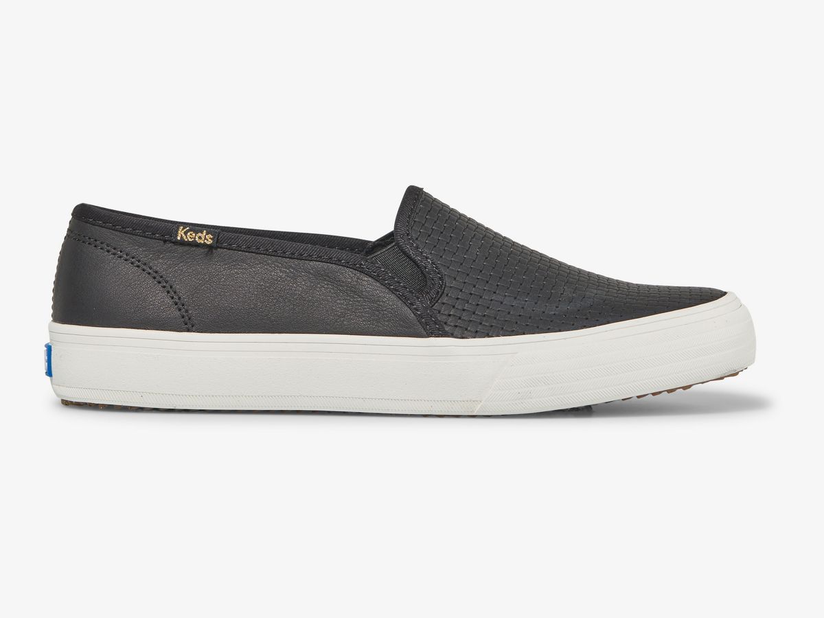 Double Decker Emboss Leather Slip On Sneaker, Black, dynamic