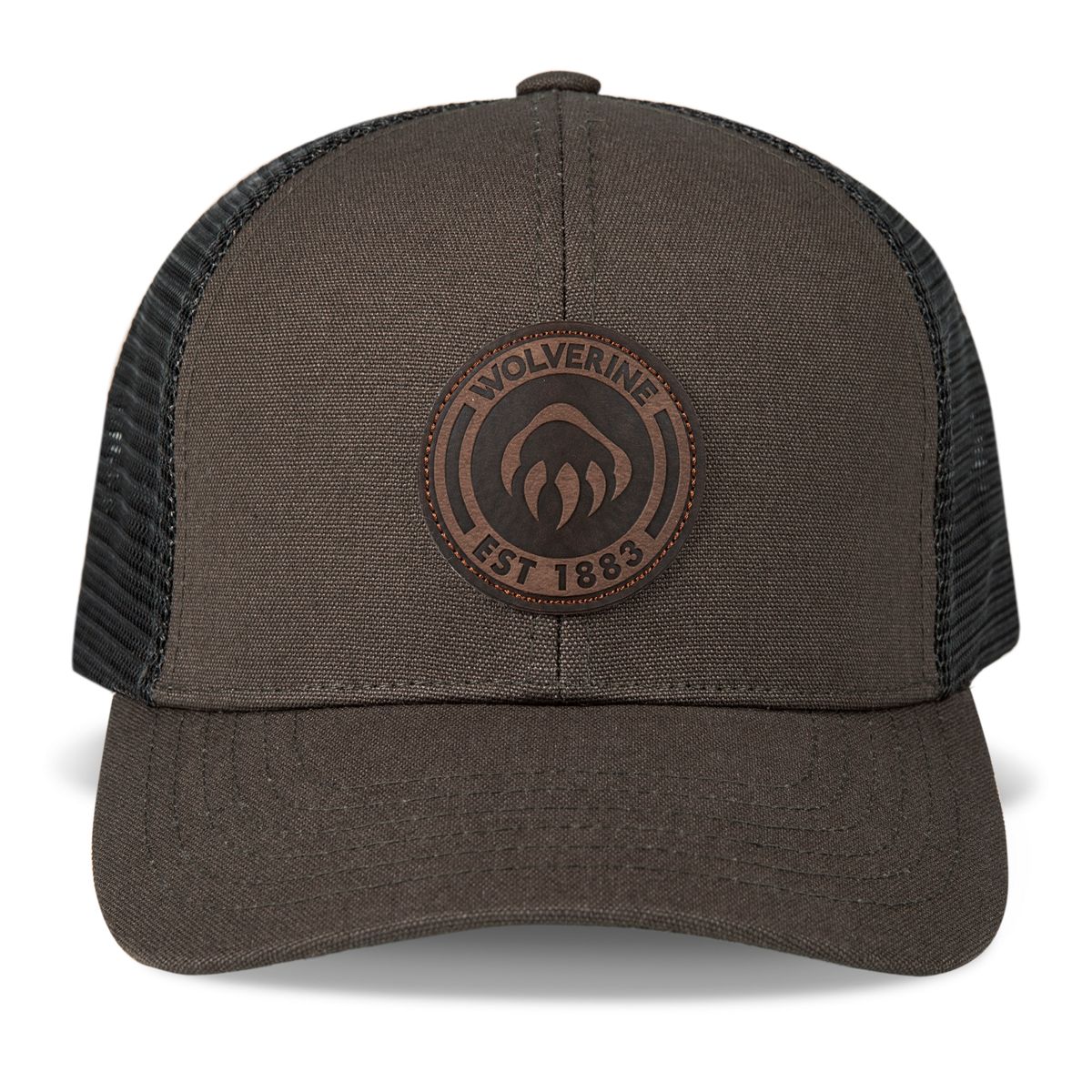 1883 Leather Patch Trucker Cap, Black Olive, dynamic