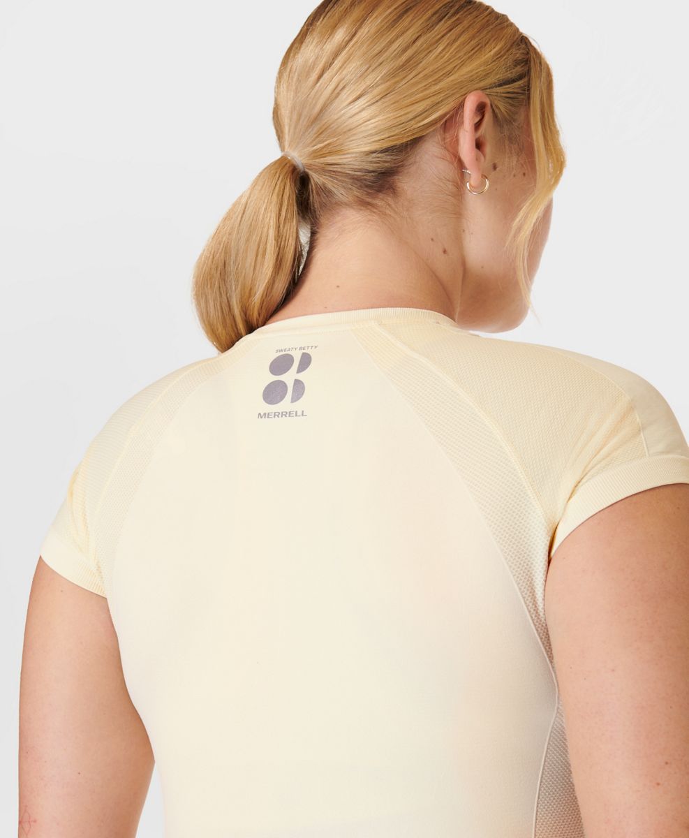 Ascend Athlete Seamless Workout T-Shirt X Sweaty Betty, Sabi Cream, dynamic 4