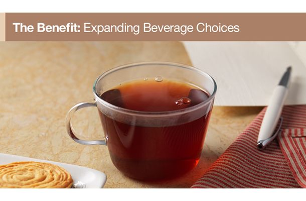 The Benefit: Expanding Beverage Choices; Image: Freshly brewed tea with cookies on a tabletop