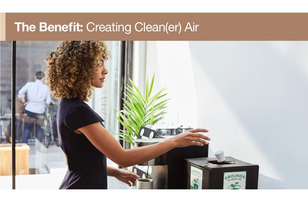 The Benefit: Creating Clean(er) Air; Image: Employee recycling K-Cup Pods by placing them in a Grounds-To-Grow-On disposal box