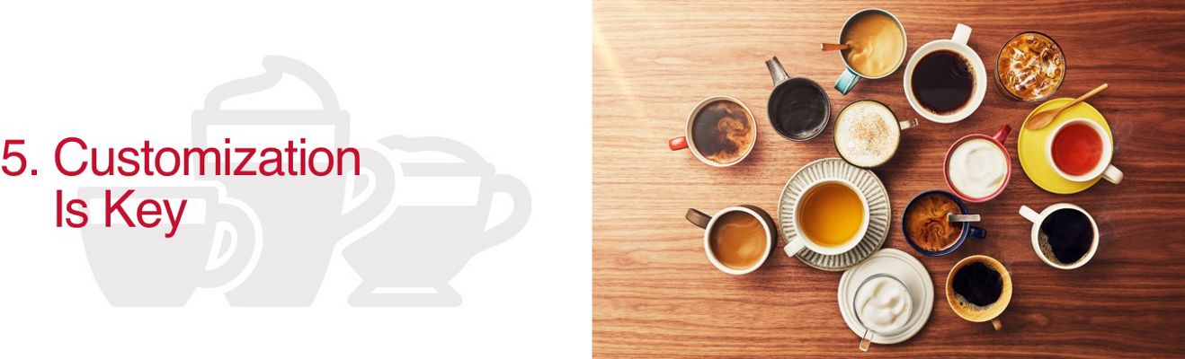 5. Customization is Key. Image of a wide variety of coffees in many mugs.