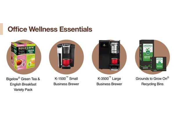 Office Wellness Essentials: Bigelow Green Tea &amp; English Breakfast Variety Pack, K-1500 Small Business Brewer, K-3500 Large Business Brewer, Grounds to Grow On Recycling Bins