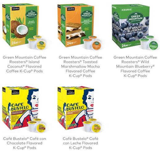 Green Mountain Coffee Roasters® Island Coconut® Flavored Coffee K-Cup® Pods, Green Mountain Coffee Roasters® Toasted Marshmallow Mocha Flavored Coffee K-Cup® Pods, Café Bustelo® Café con Leche Flavored K-Cup® Pods, Café Bustelo® Café con Chocolate Flavored K-Cup® Pods, Green Mountain Coffee Roasters® Wild Mountain Blueberry® Flavored Coffee K-Cup® Pods