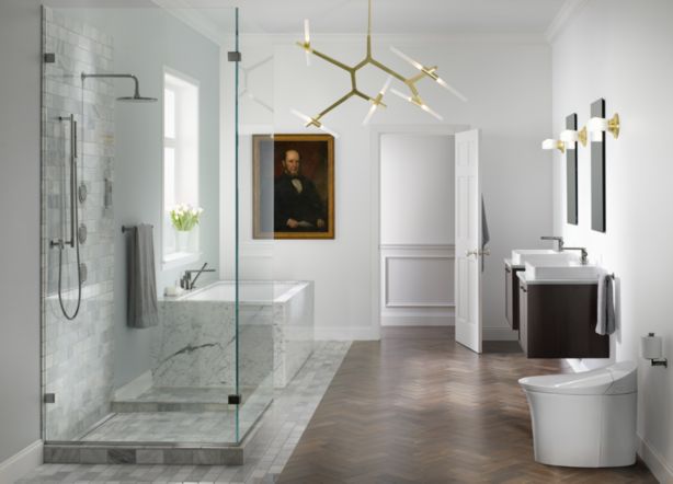 Elegant bathroom with a bathtub made of marble stone.